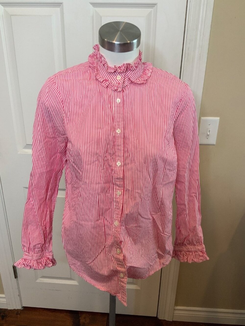 J.Crew Pink White Striped Ruffle Collar Button-Up Shirt, Size S